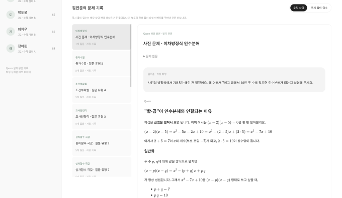 학생별 문제 상담과 기존 풀이 기록을 확인하는 관리플랫폼 데모 화면