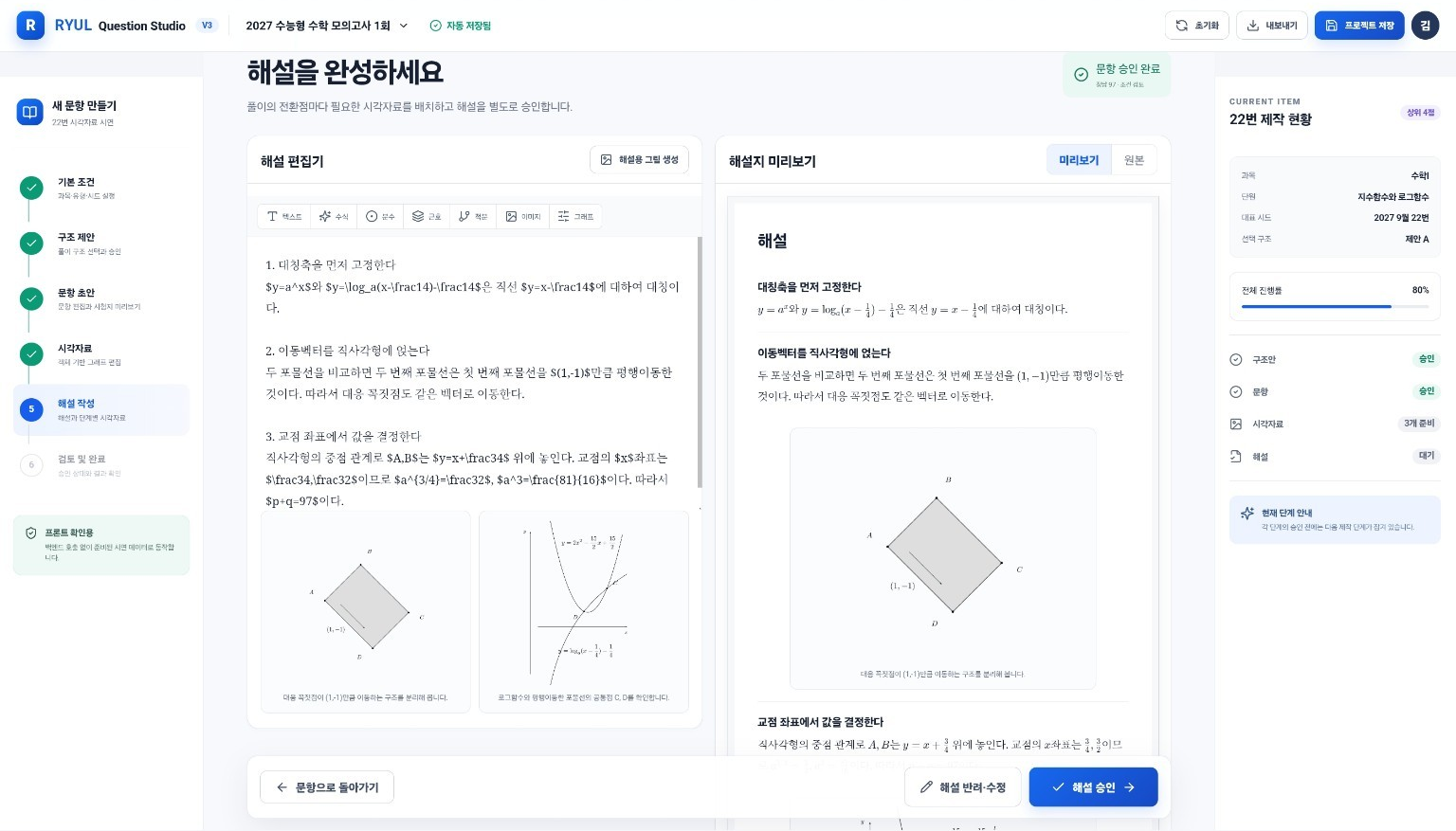 해설 초안과 해설 이미지 검수 화면